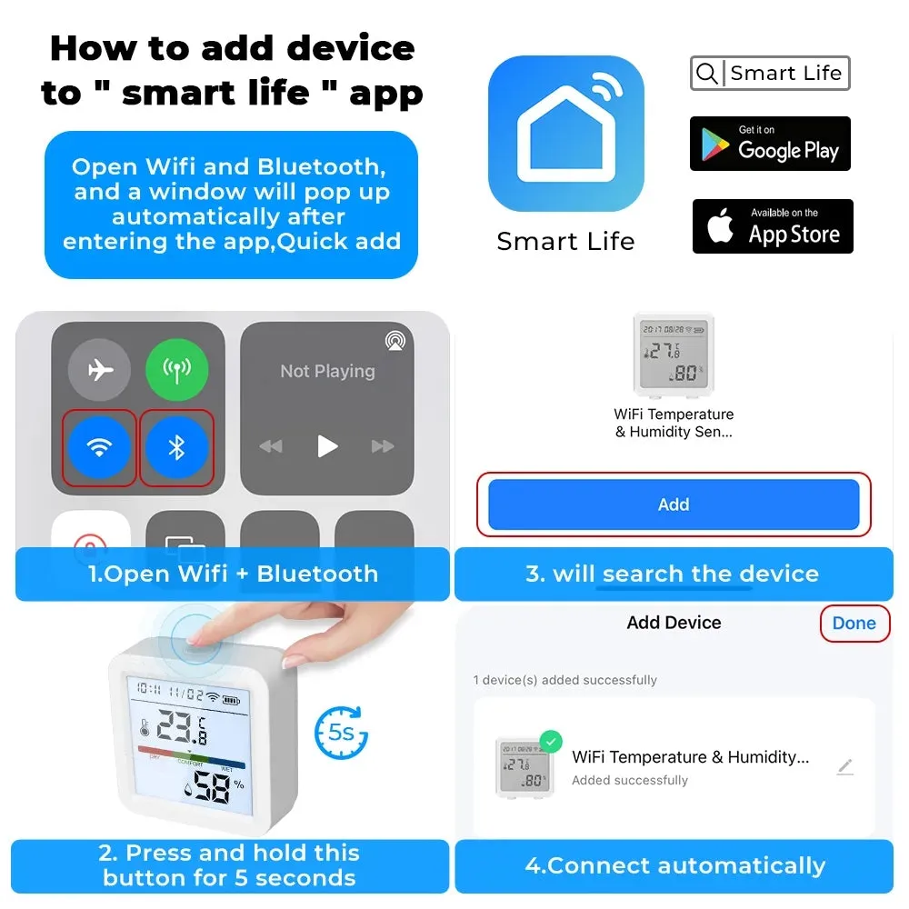 Smart life Alexa Google Home Hygrometer Thermometer Detector Backlight Tuya Wifi Temperature Humidity Sensor